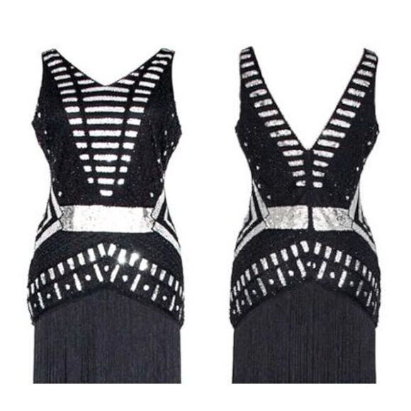 ✨🖤 Flapper Great Gatsby 1920s Retro Tassel Fringe Sequin Black Dress SIZE M NWT - Picture 6 of 17